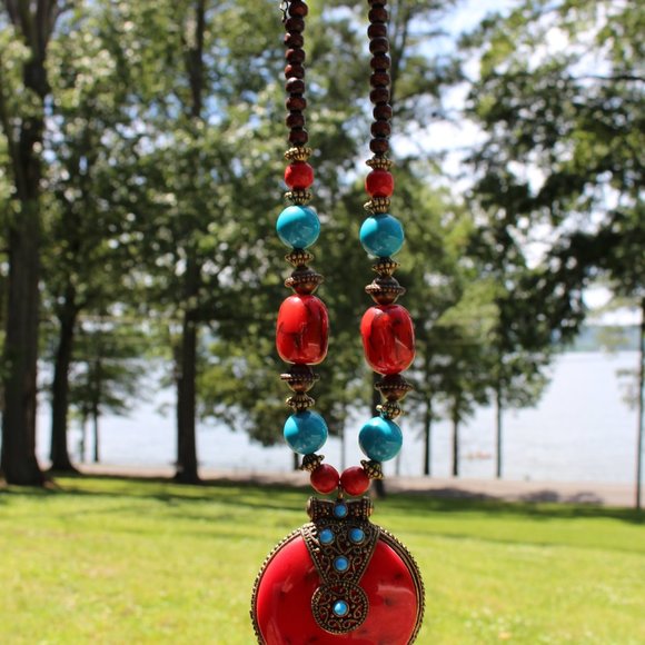 Big Red Tribal Cultural Statement Necklace - Picture 12 of 15